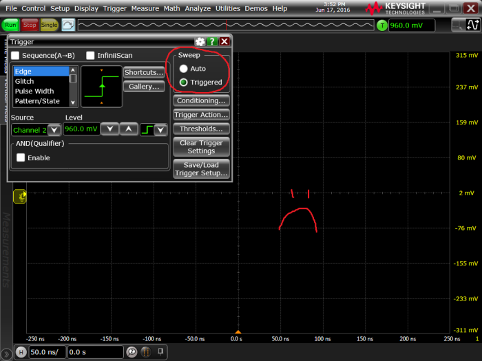 Disabling auto-trigger without a trigger configuration means the oscilloscope won’t acquire