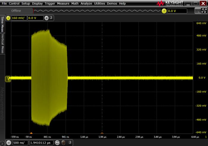 8-GHz bandwidth oscilloscope capture of +6 dBm pulse next to a 50 dB down pulse